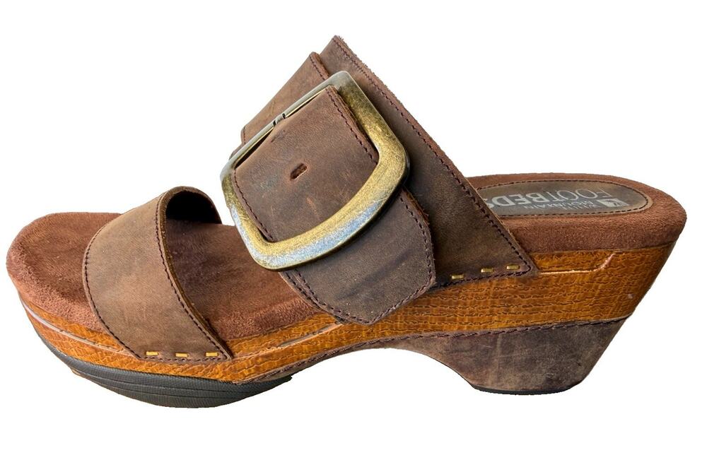 White Mountain Montage Women 8.5 M Brown Leather Buckle Wedge Slide Sandals Boho
